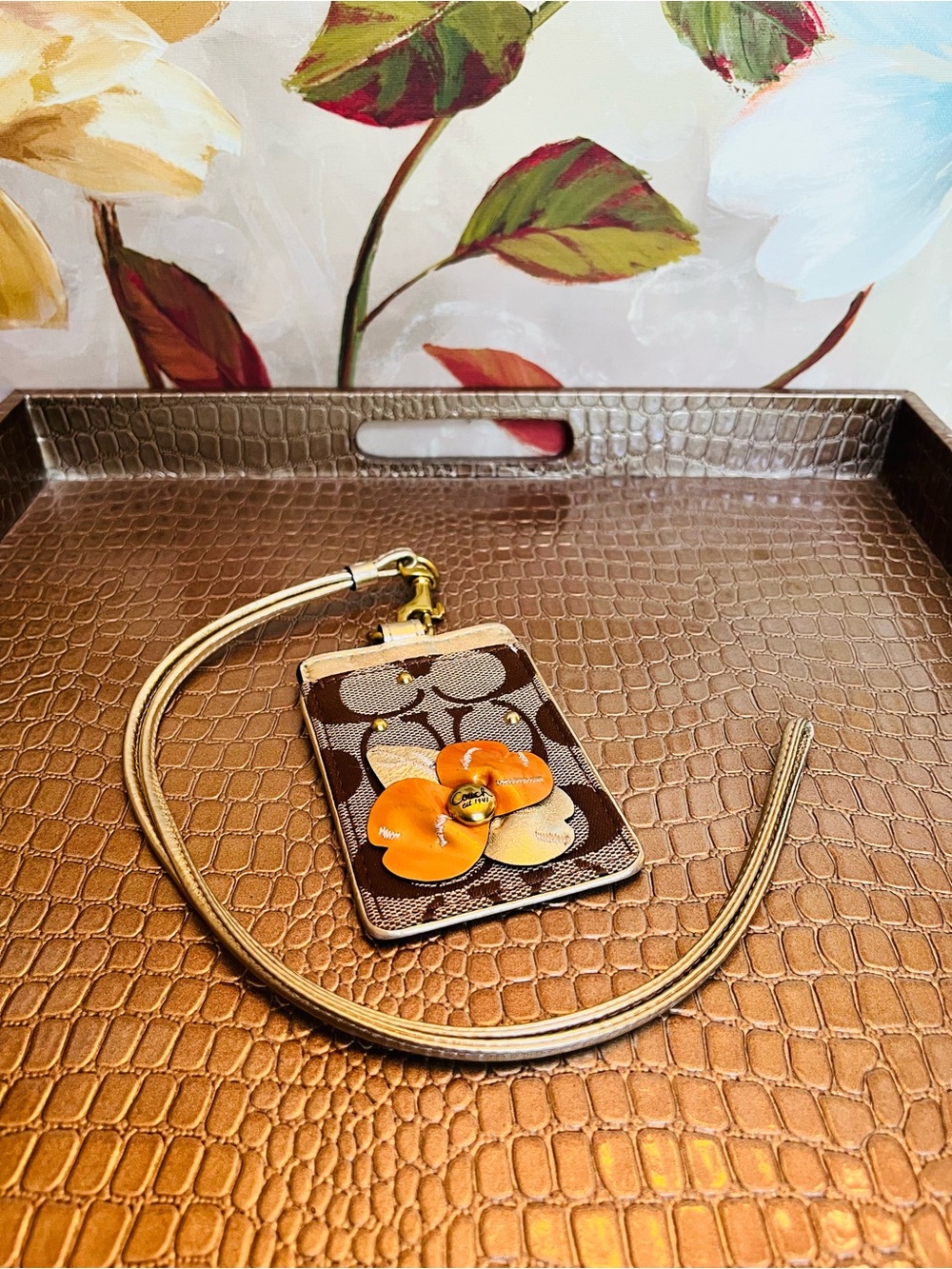 Coach Signature Y2K ID Badge Case Lanyard w/Orange Flower Appliqué (Like New)
